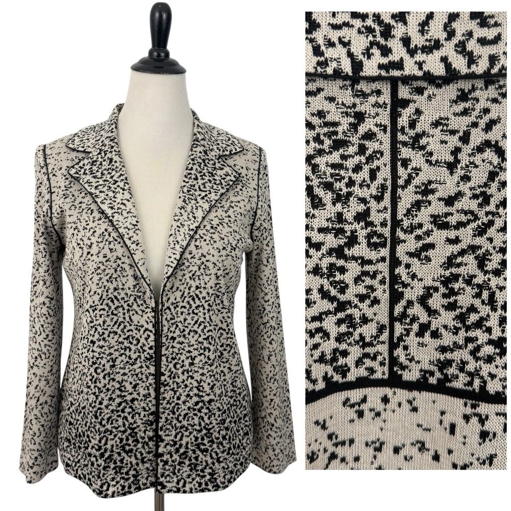 MING WANG Knit Blazer Jacket Womens Medium Animal Print Cheetah Old Money Chic